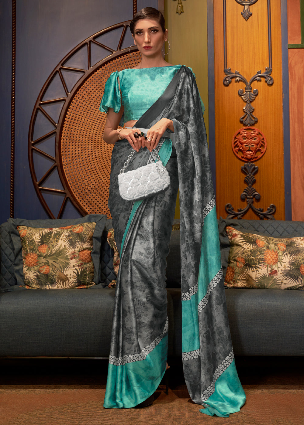 Smoke Grey and Blue Printed Satin Silk Saree