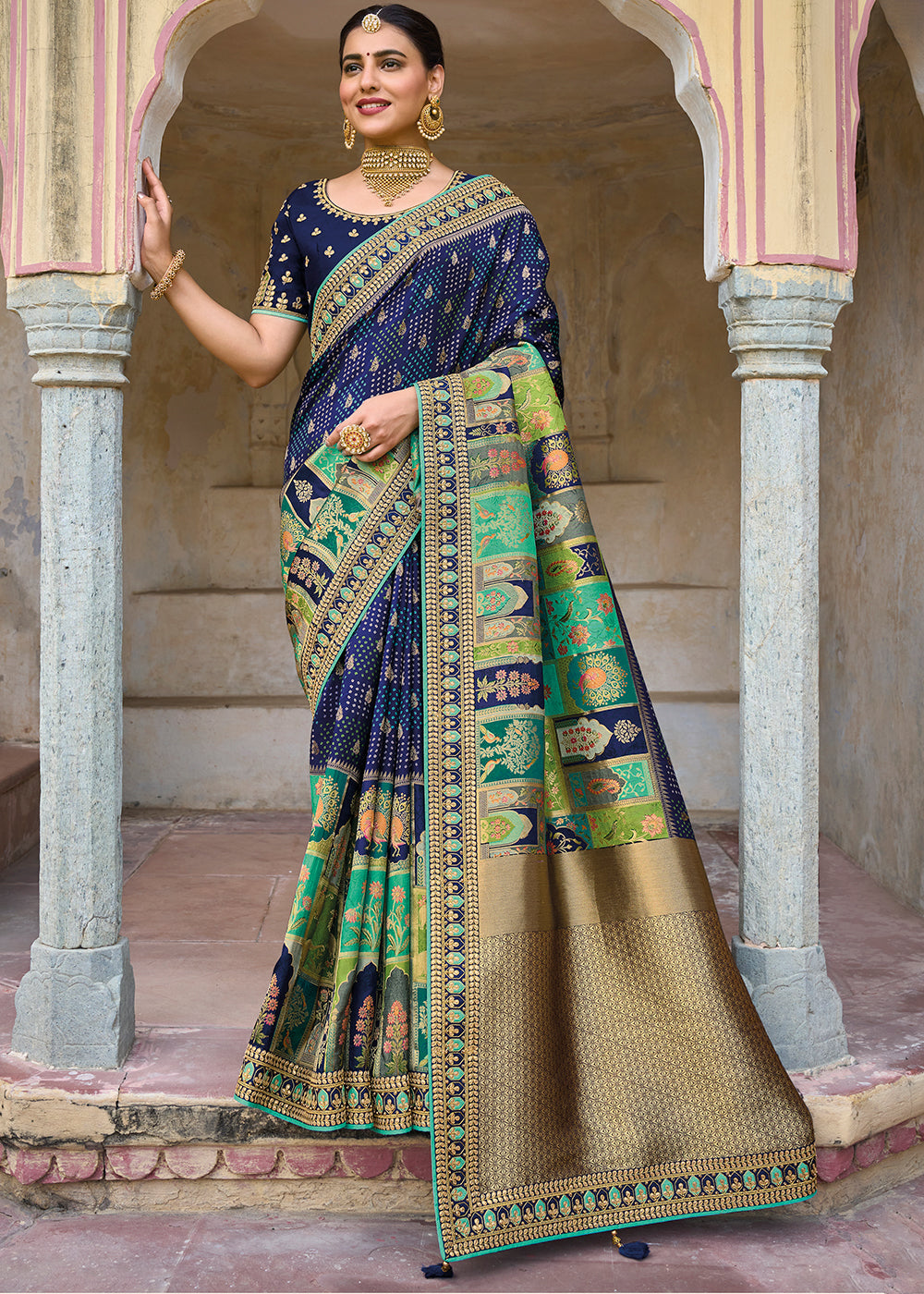 Gun Powder Blue Embroidered Dola Silk Saree