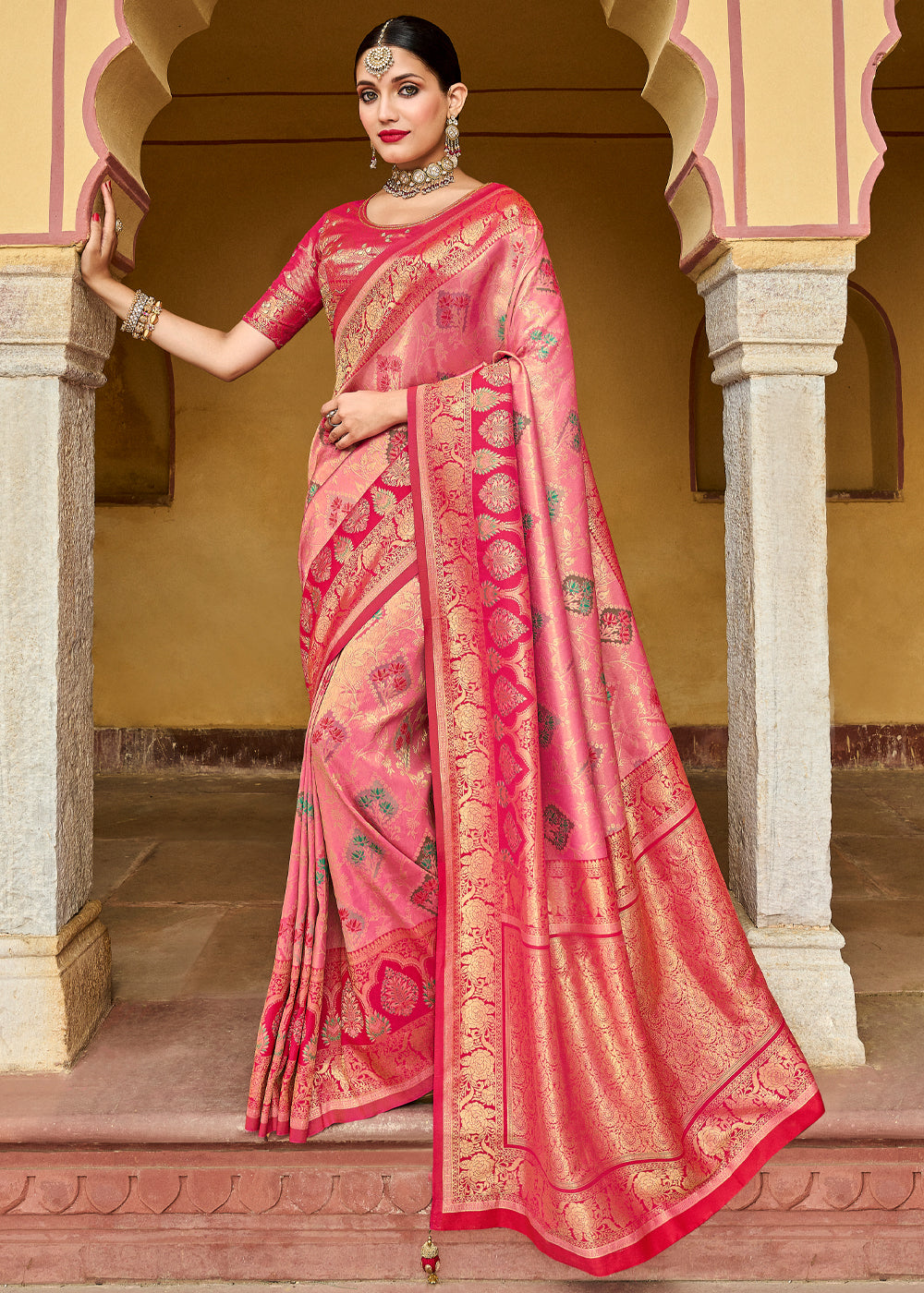 Melon Pink Designer Banarasi Saree