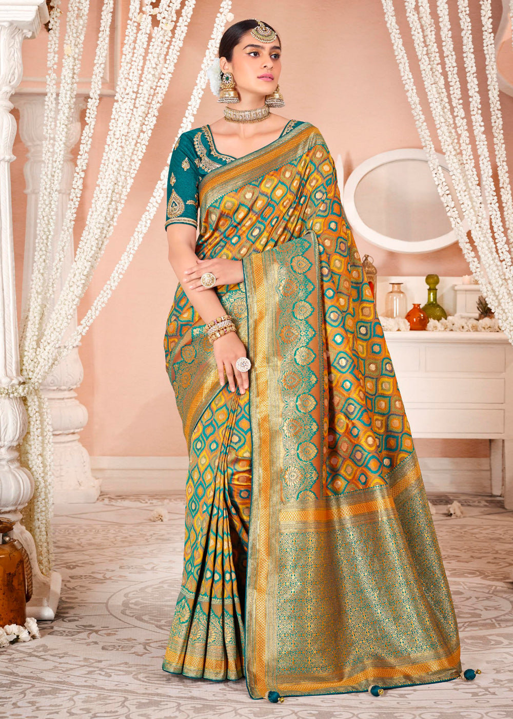 Neon Yellow and Blue Zari Woven Banarasi Saree with Designer Blouse