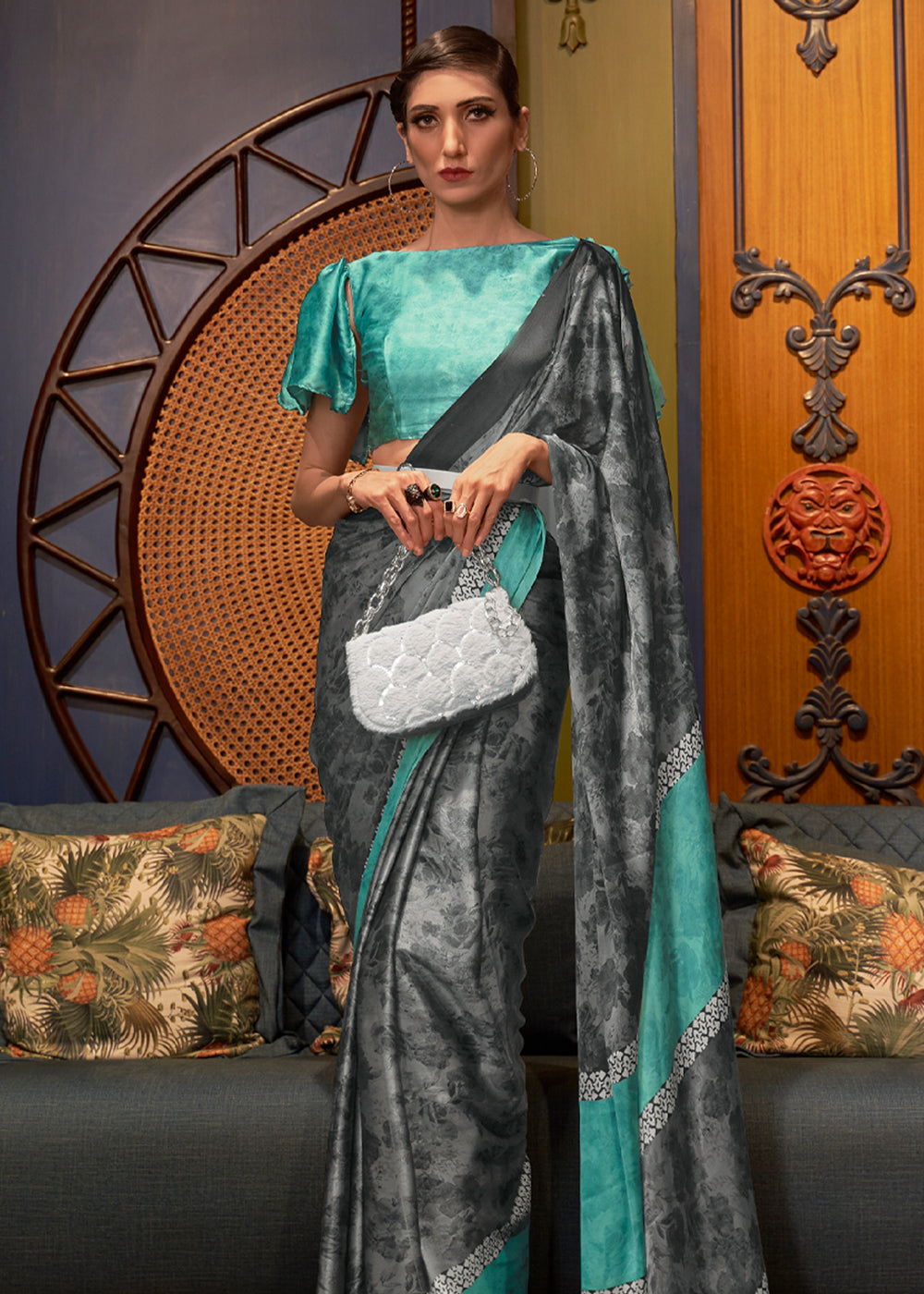 Smoke Grey and Blue Printed Satin Silk Saree