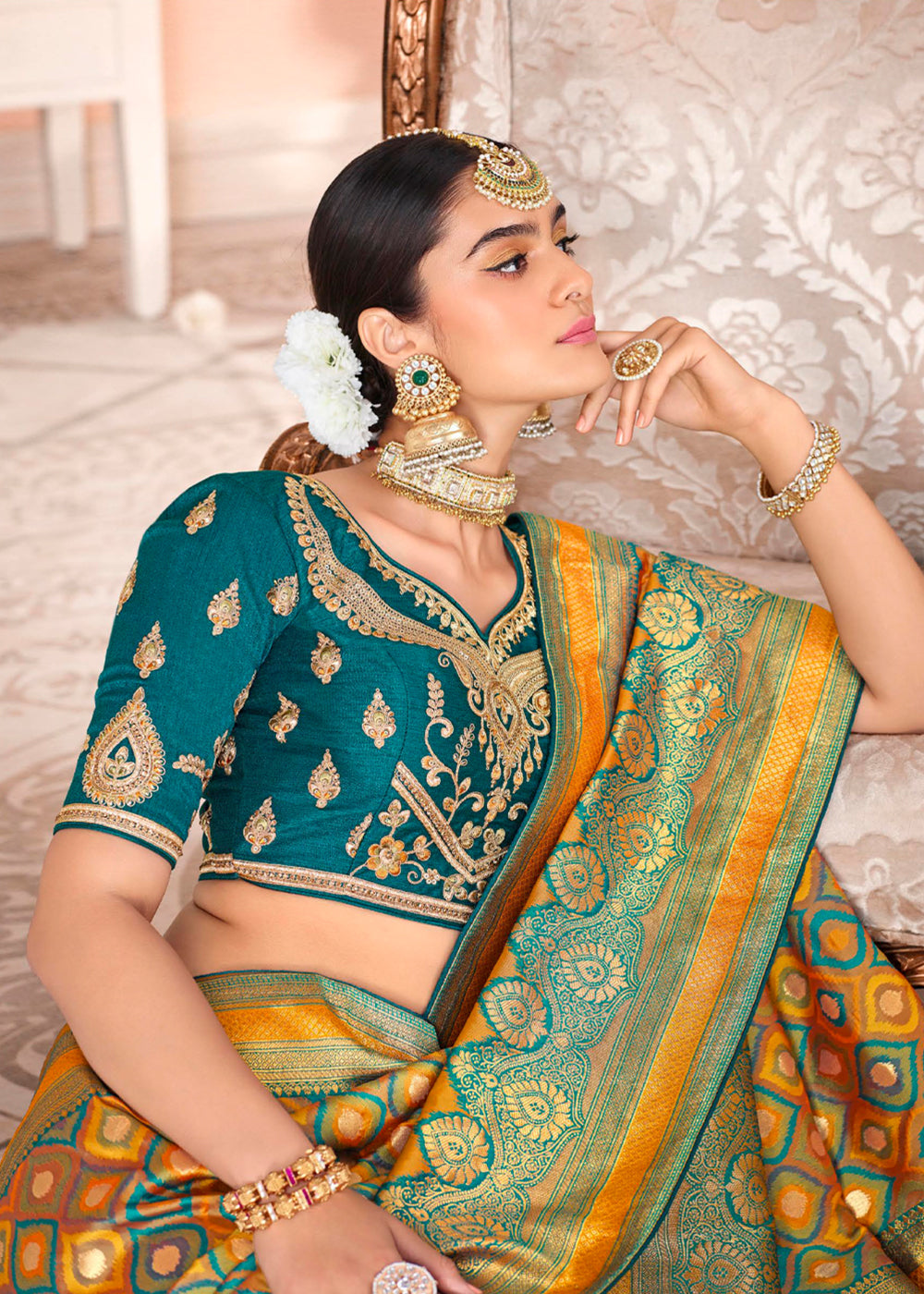 Neon Yellow and Blue Zari Woven Banarasi Saree with Designer Blouse