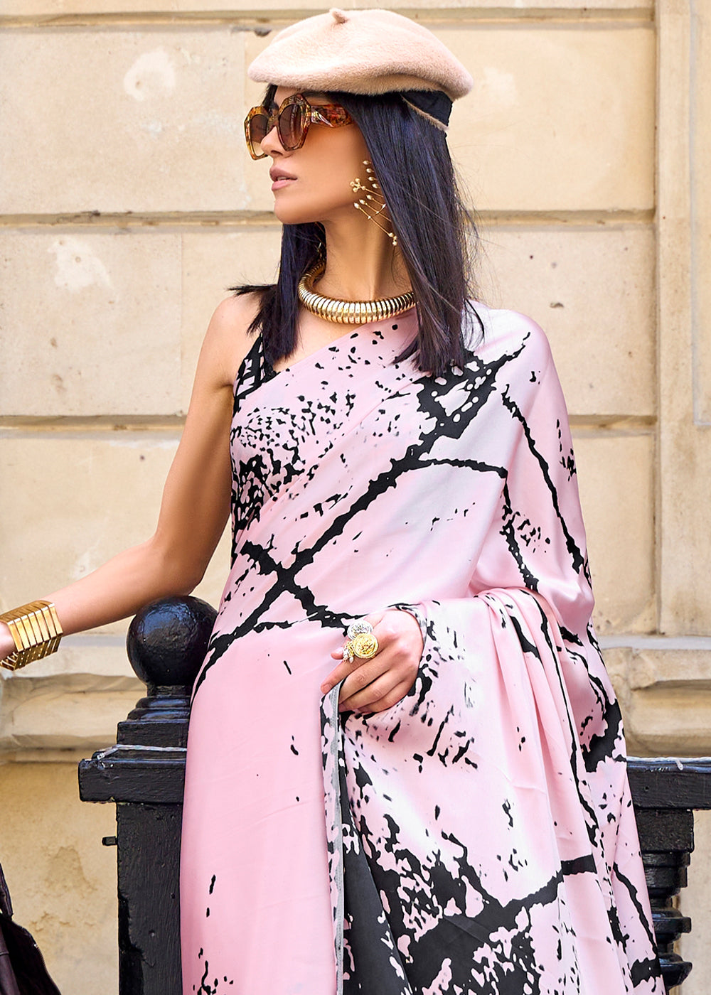 Thistle Pink Printed Satin Crepe Sarees