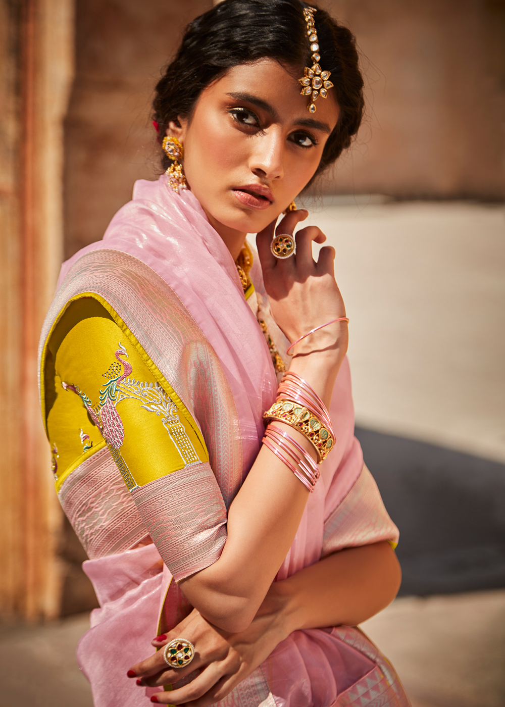 Shilo Pink and Yellow Zari Woven Designer Banarasi Saree