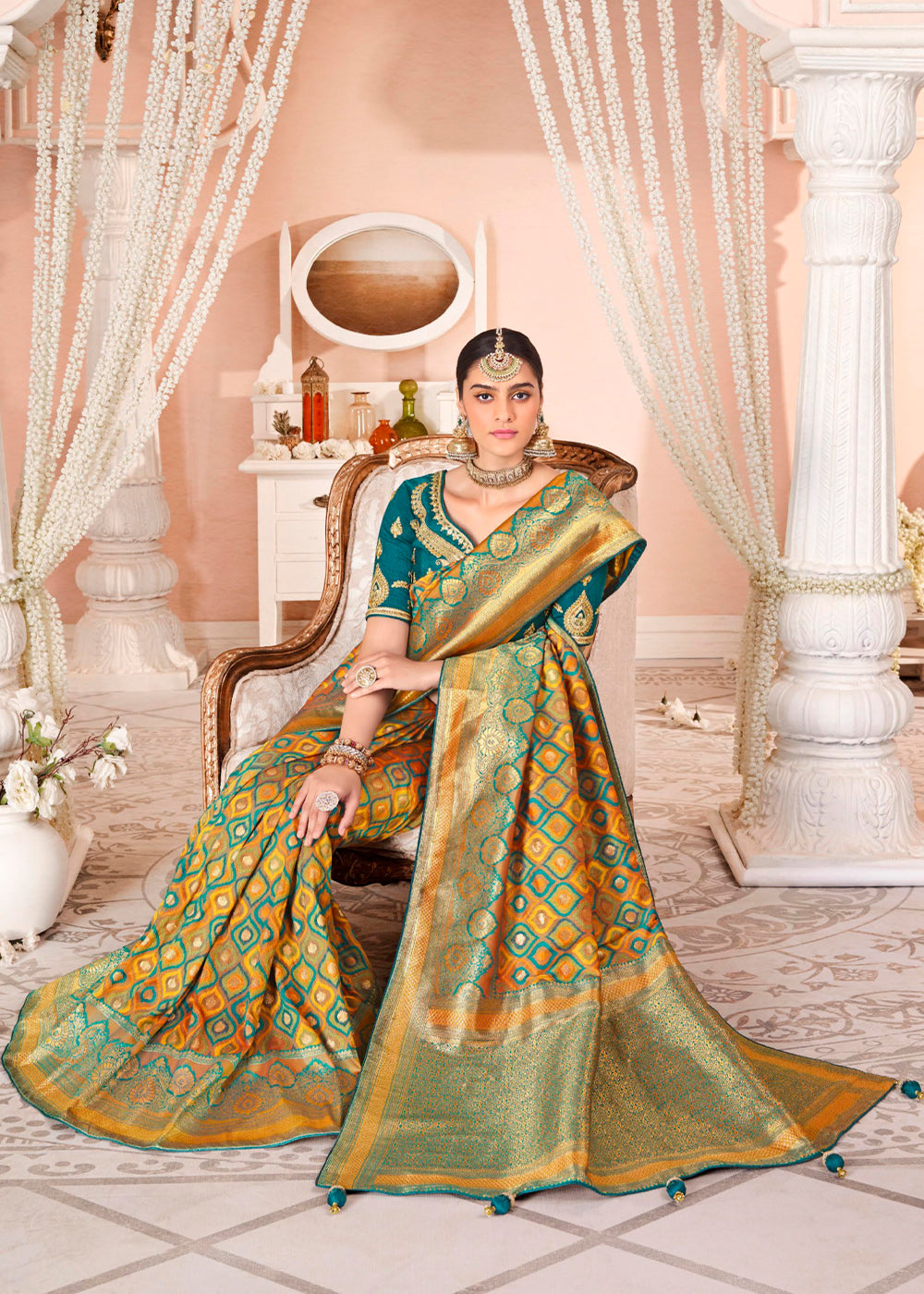 Neon Yellow and Blue Zari Woven Banarasi Saree with Designer Blouse