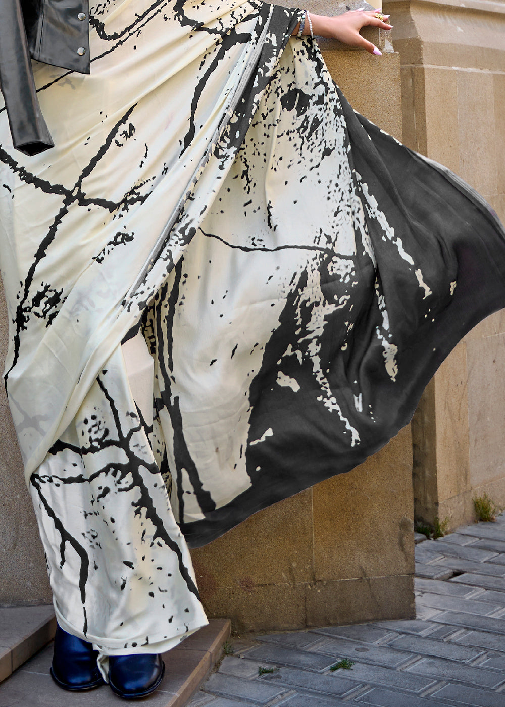 Iron White and Black Printed Satin Crepe Saree