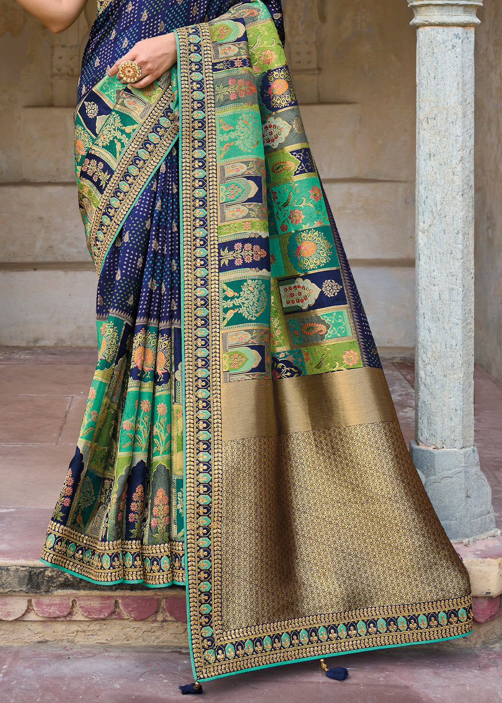 Gun Powder Blue Embroidered Dola Silk Saree