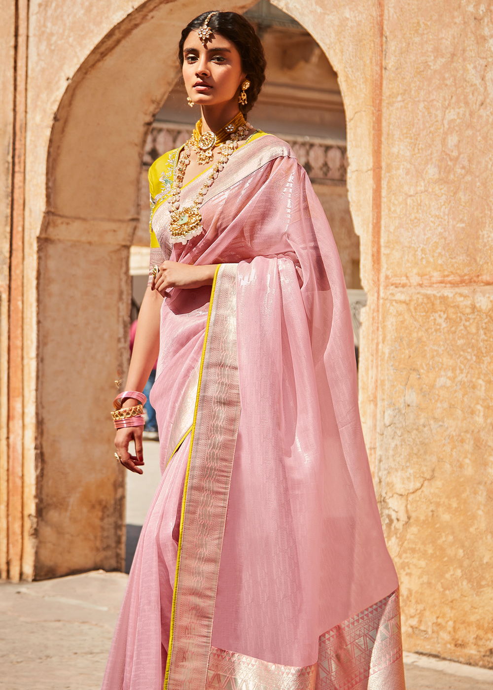 Shilo Pink and Yellow Zari Woven Designer Banarasi Saree