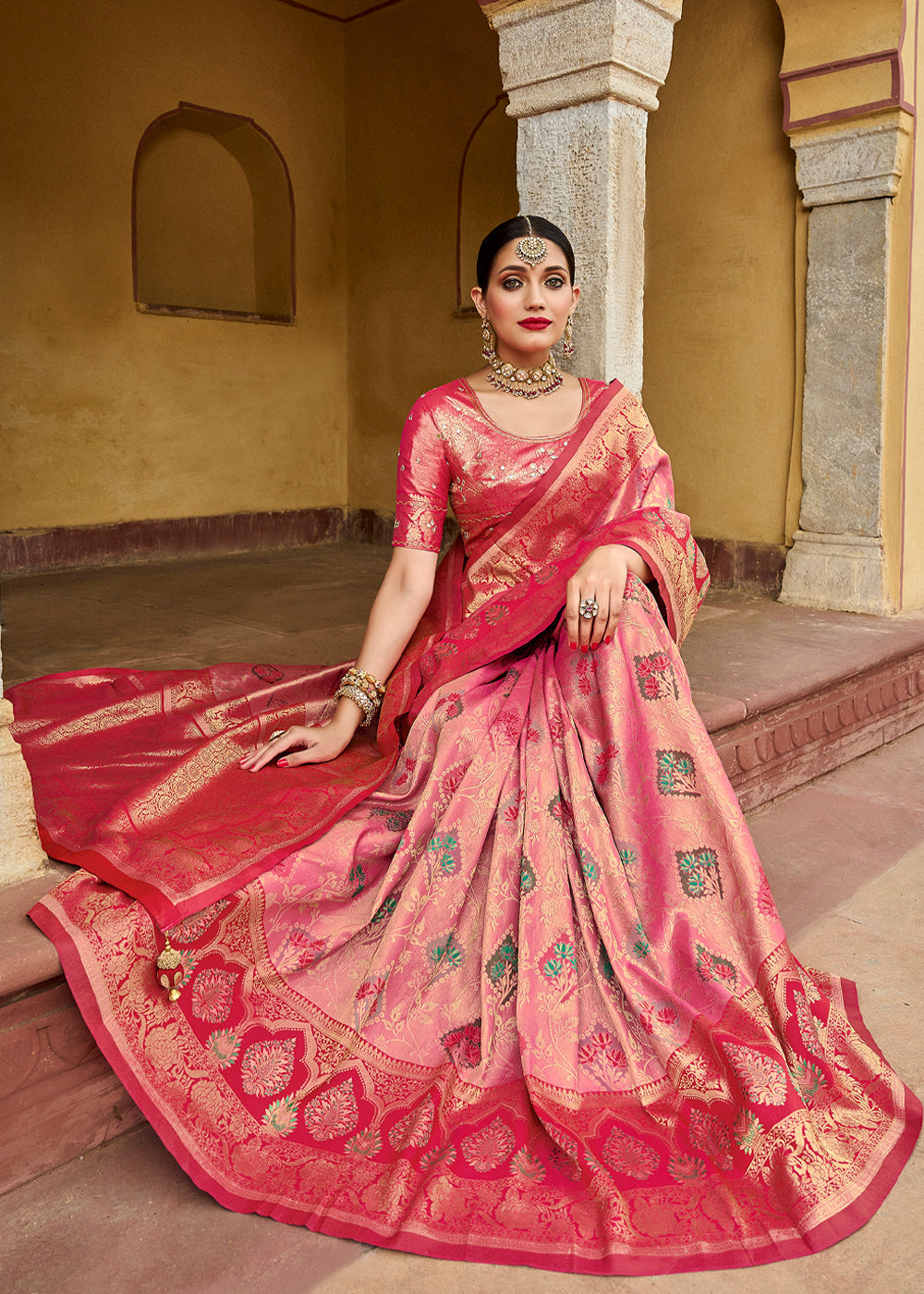 Melon Pink Designer Banarasi Saree