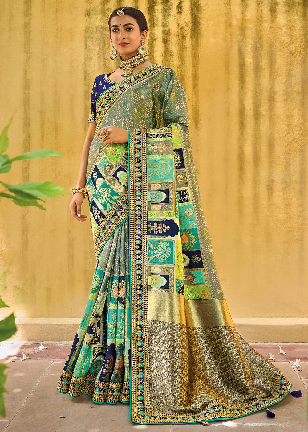 Silver Tree Green and Blue Embroidered Dola Silk Saree