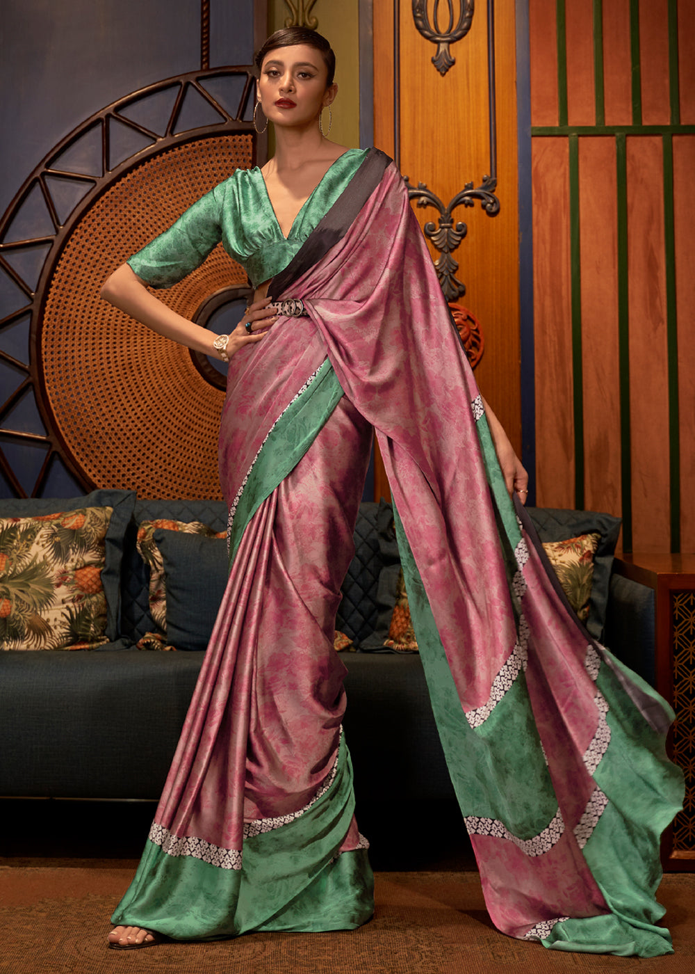 Copper Rust Pink and Green Printed Satin Silk Saree