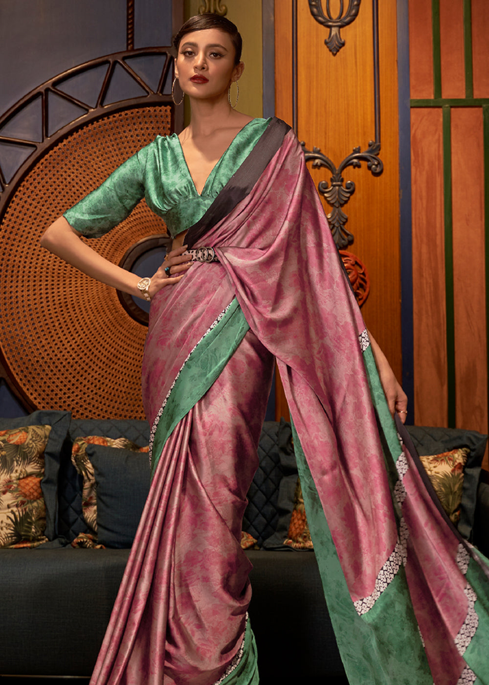 Copper Rust Pink and Green Printed Satin Silk Saree