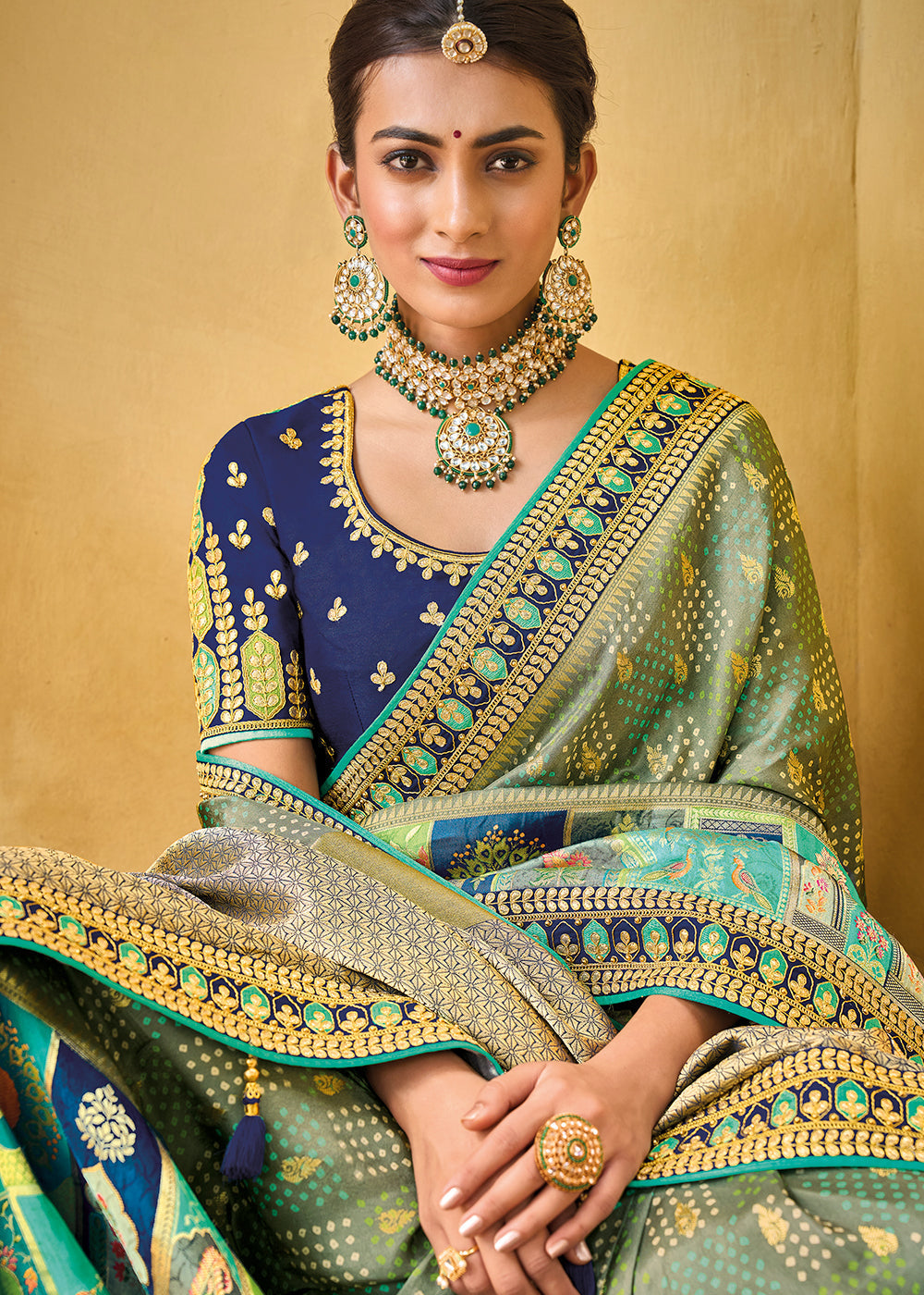 Silver Tree Green and Blue Embroidered Dola Silk Saree