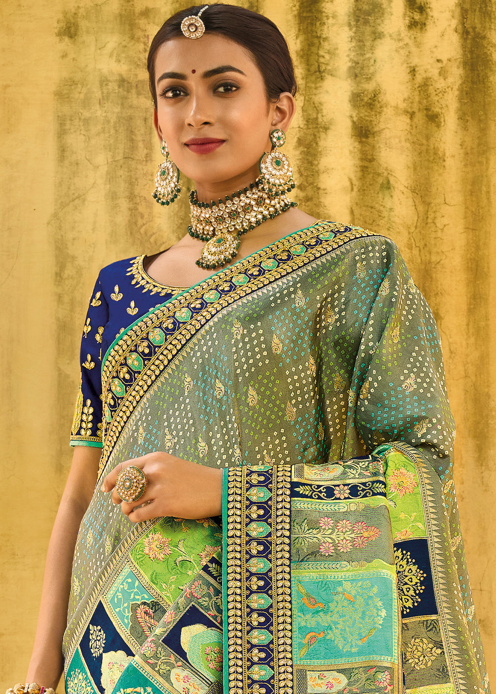 Silver Tree Green and Blue Embroidered Dola Silk Saree