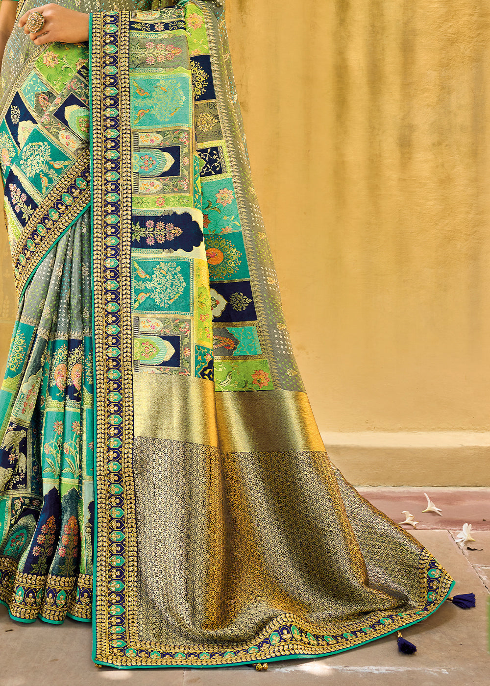 Silver Tree Green and Blue Embroidered Dola Silk Saree