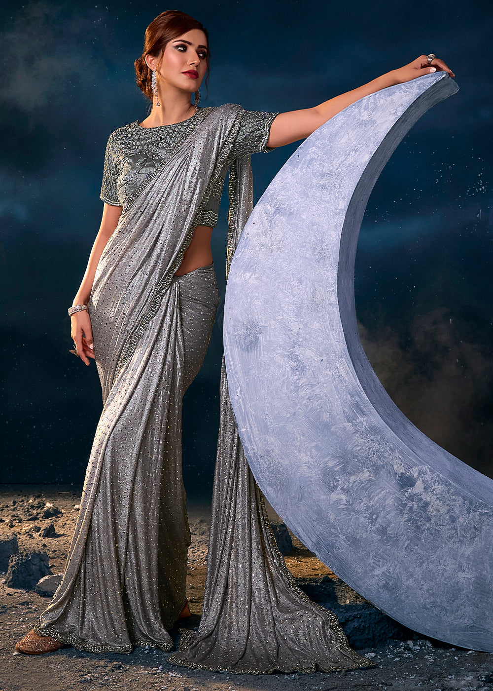 Dusty Grey Designer Silk Saree