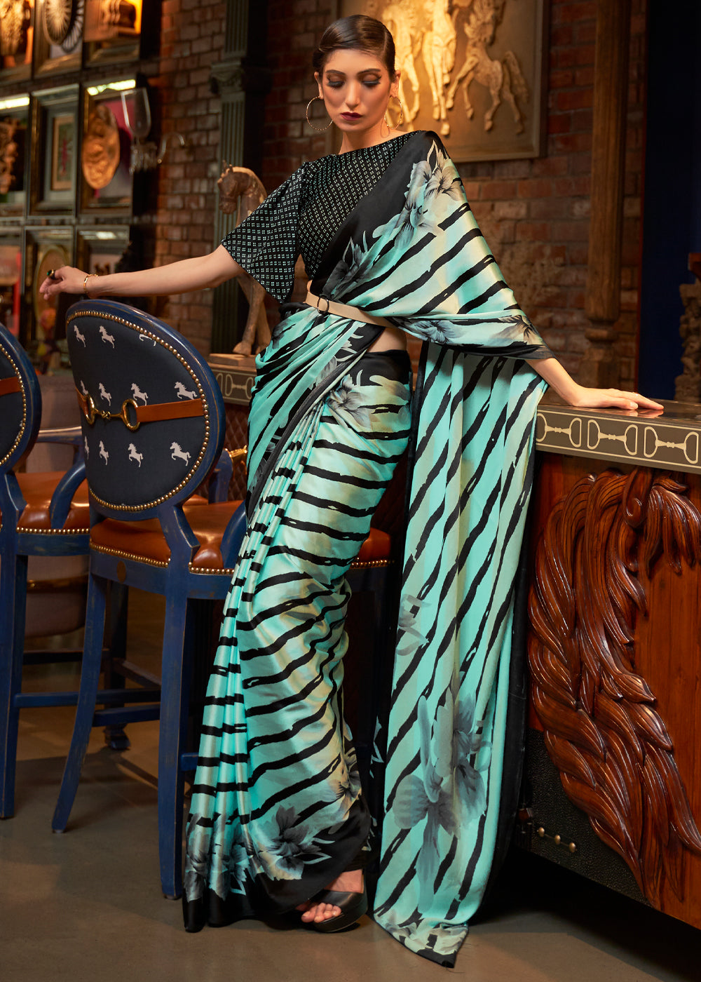 Tradewind Green and Black Stripes Printed Satin Silk Saree