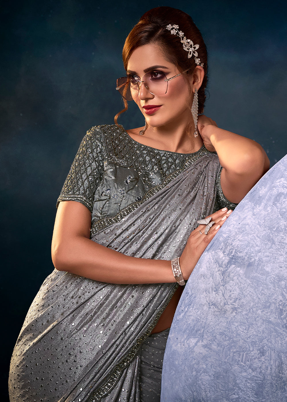 Dusty Grey Designer Silk Saree