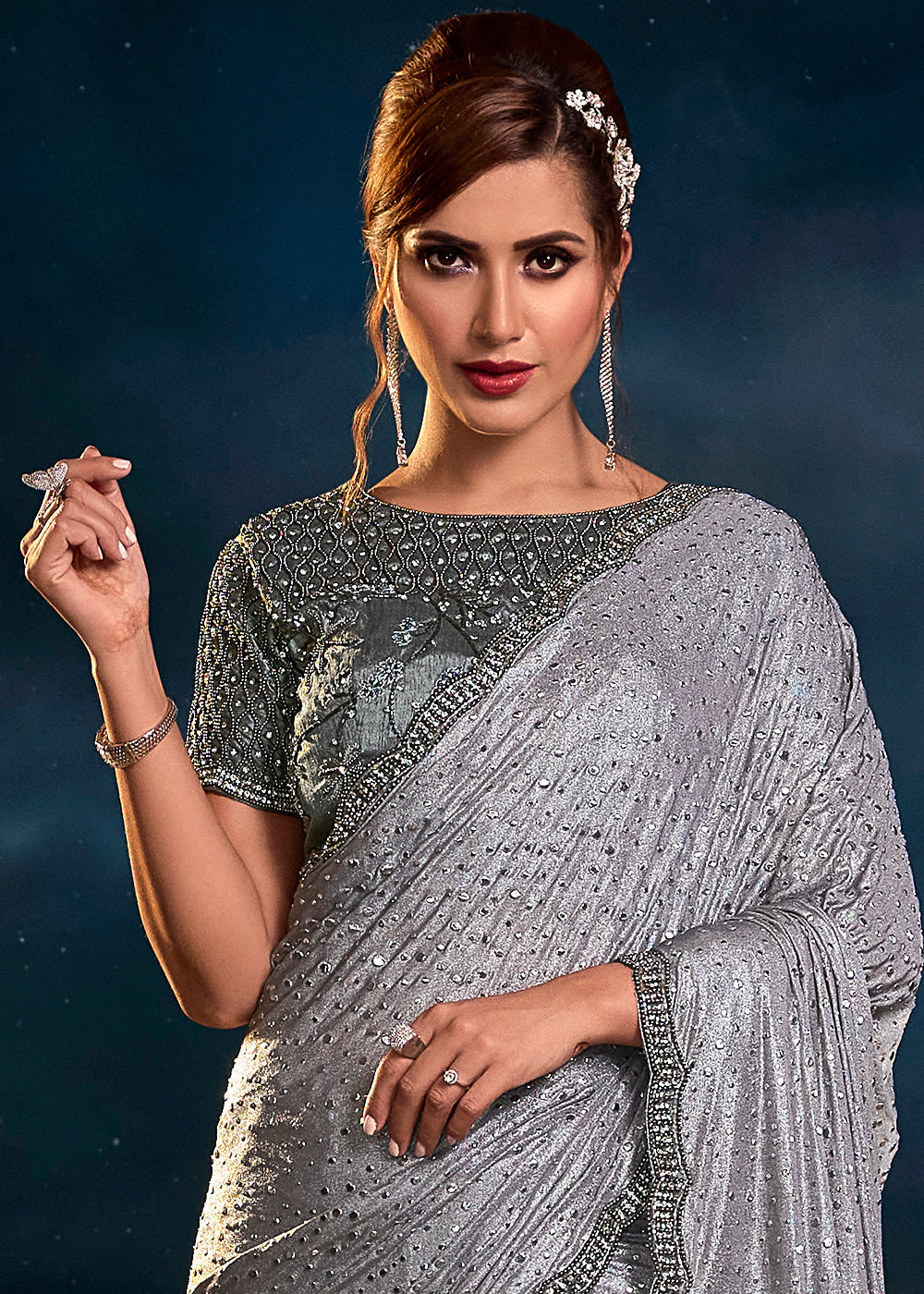 Dusty Grey Designer Silk Saree