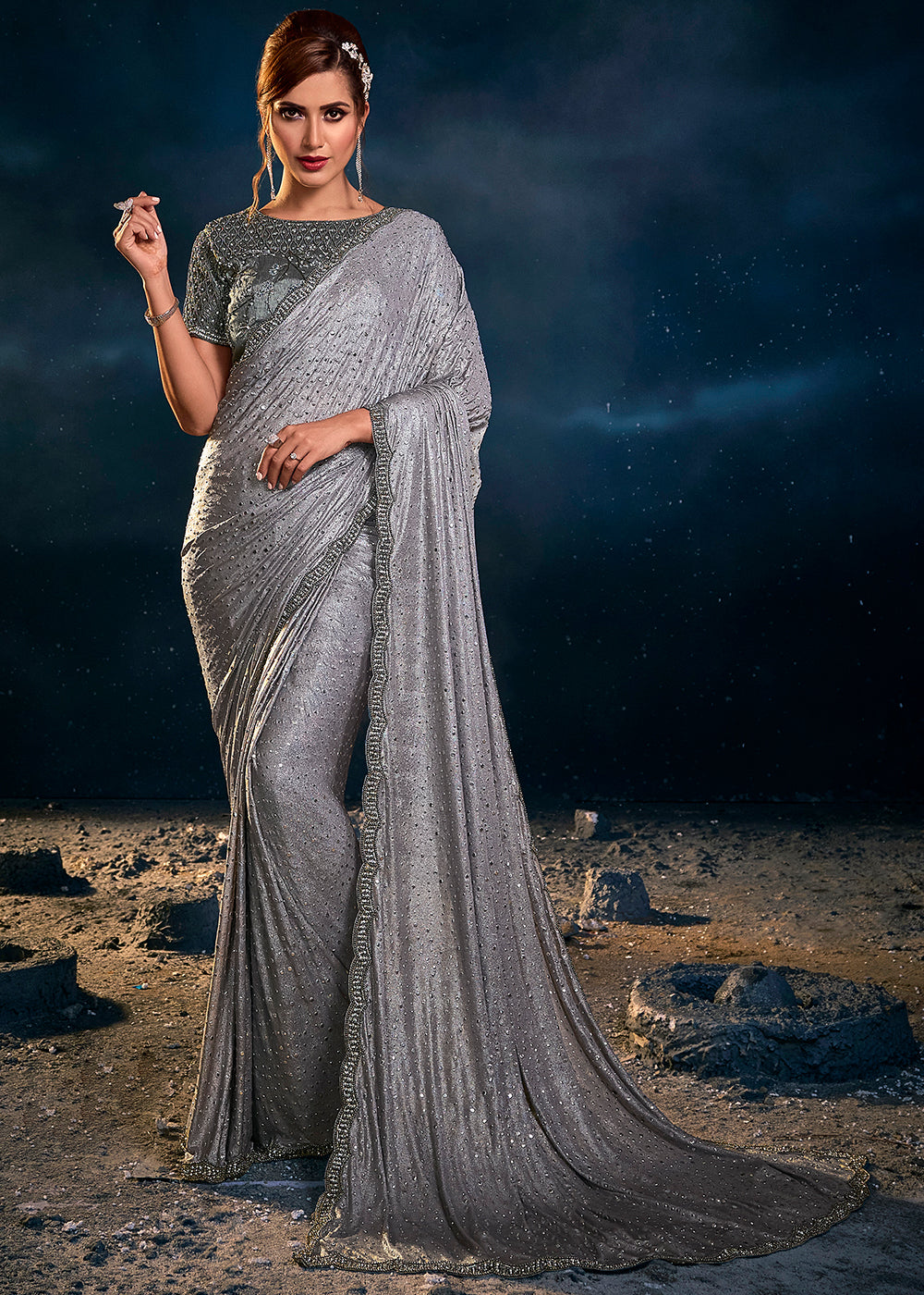 Dusty Grey Designer Silk Saree