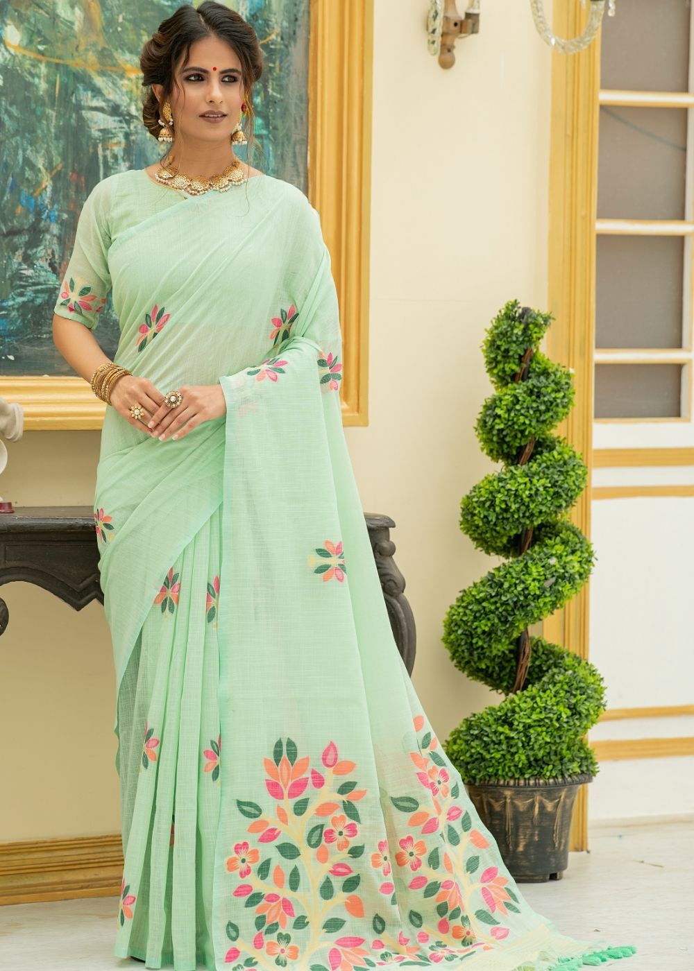 Pixie Green Printed Linen Saree