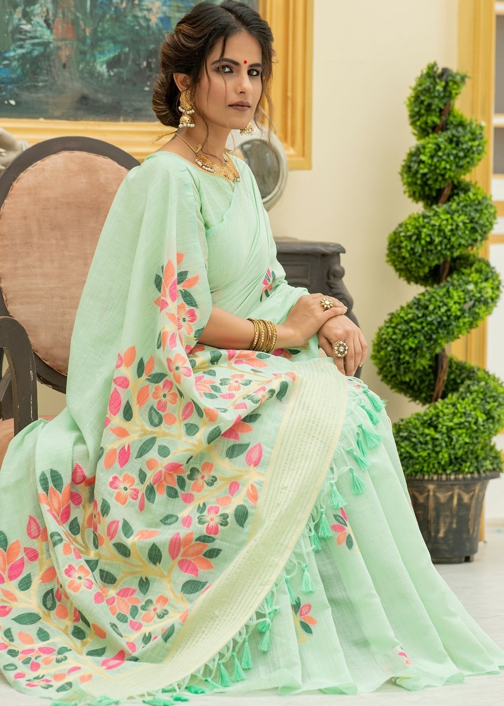 Pixie Green Printed Linen Saree