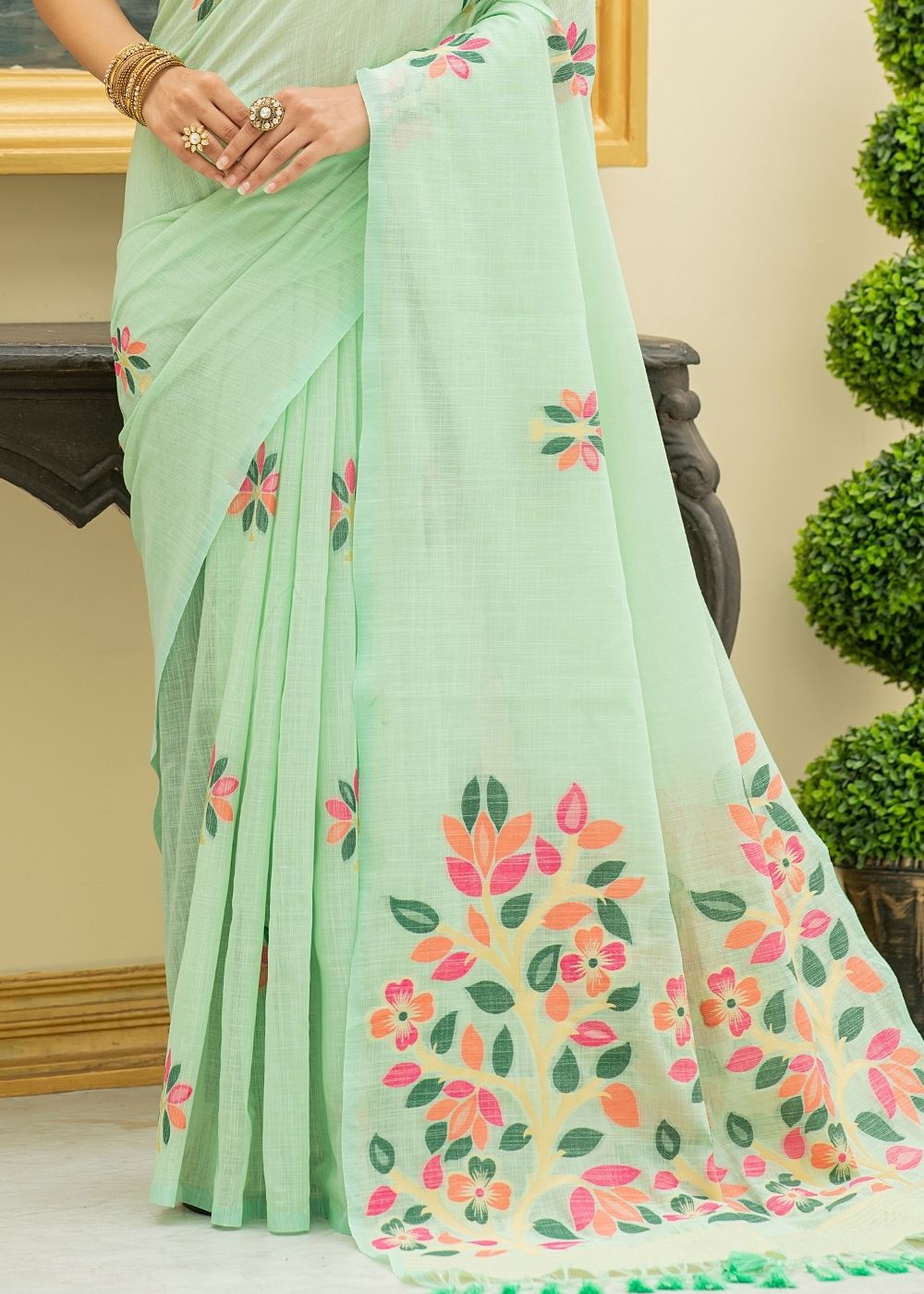 Pixie Green Printed Linen Saree