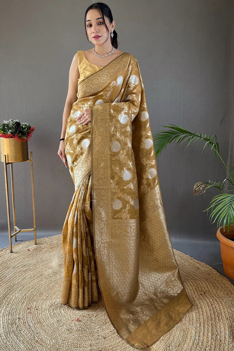 Mustard Color Zari Woven Linen Traditional Saree