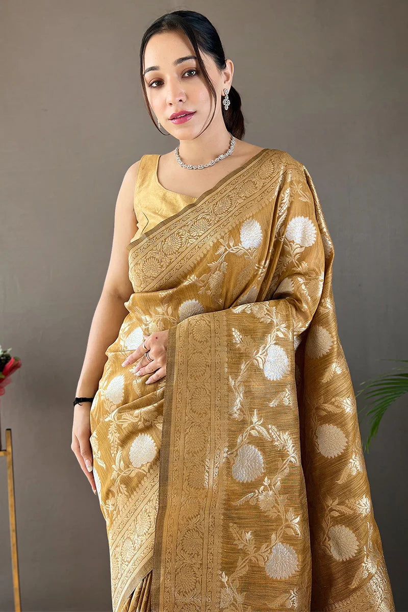 Mustard Color Zari Woven Linen Traditional Saree