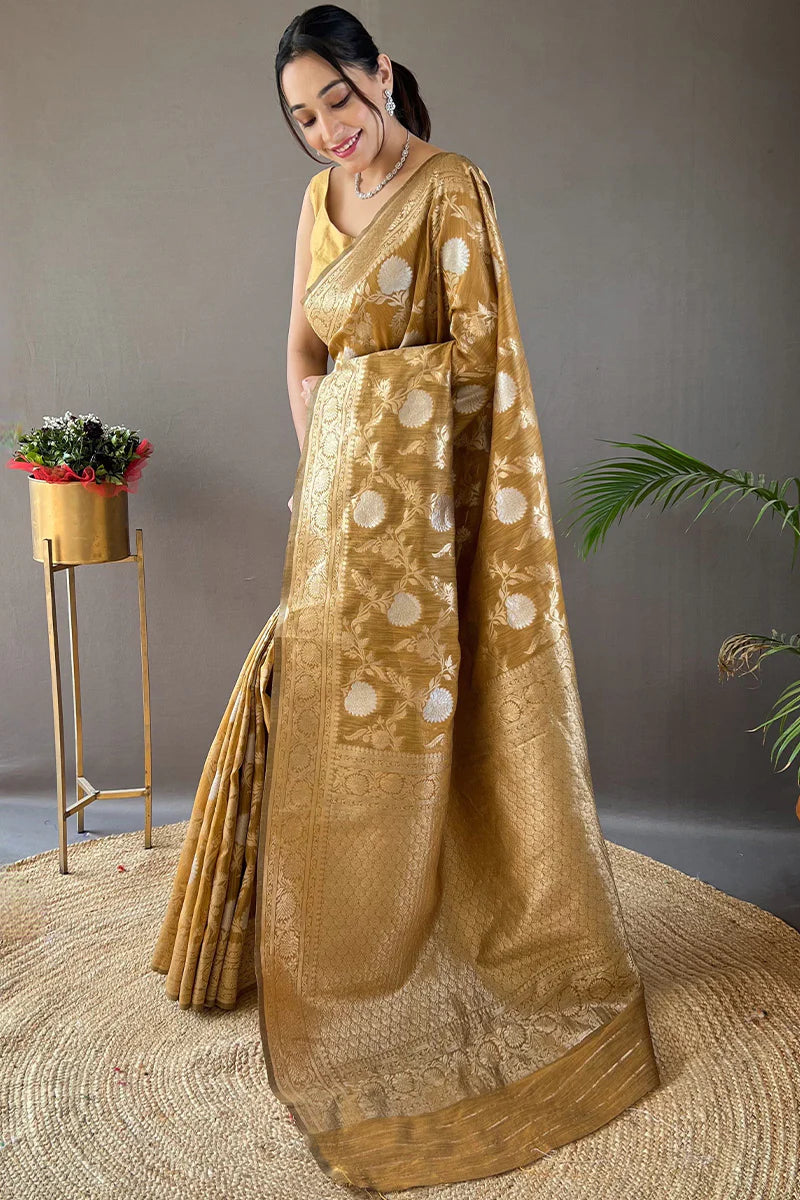 Mustard Color Zari Woven Linen Traditional Saree