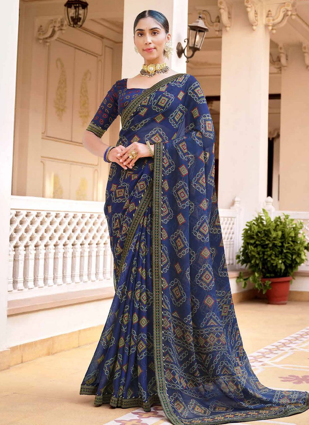 East Bay Blue Chiffon Bandhani Saree