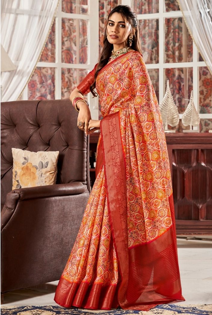 Fire Orange and Maroon Printed Satin Silk Saree