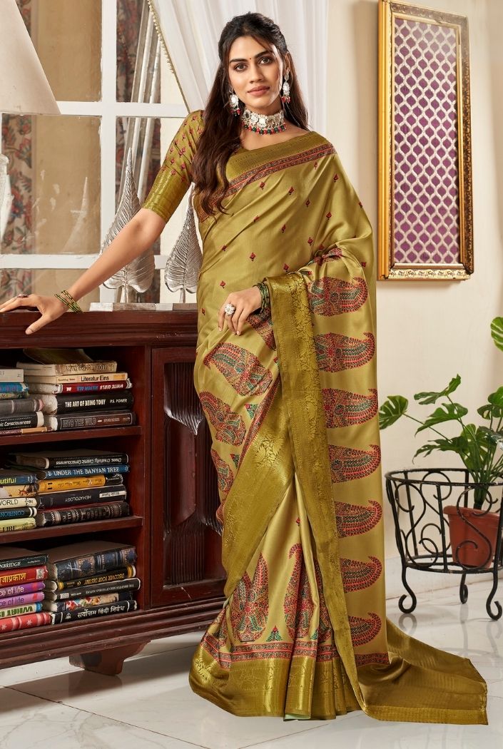 Russet Green Printed Satin Silk Saree