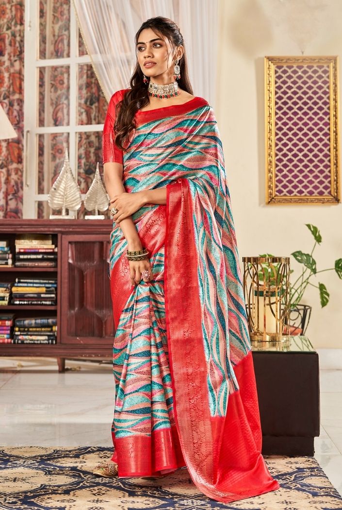 Monte Carlo Blue and Red Printed Satin Silk Saree