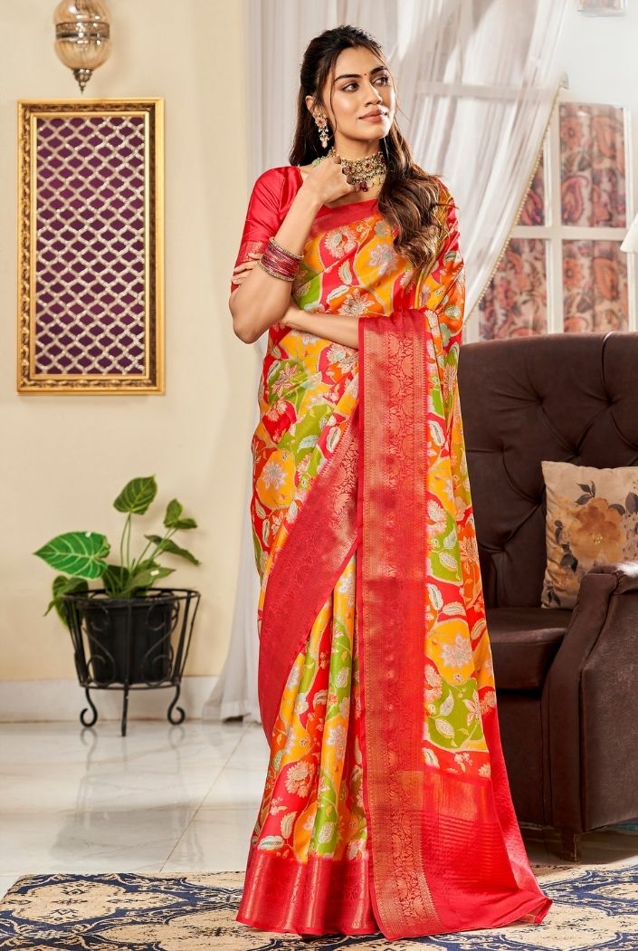 Tulip Tree Yellow and Red Printed Satin Silk Saree