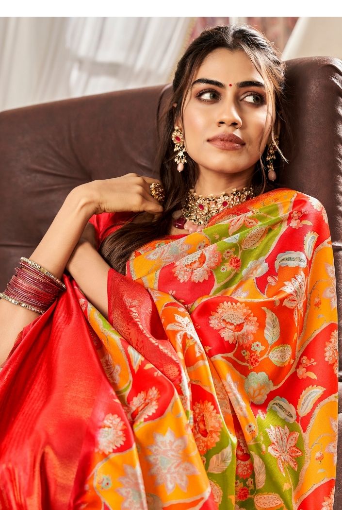 Tulip Tree Yellow and Red Printed Satin Silk Saree