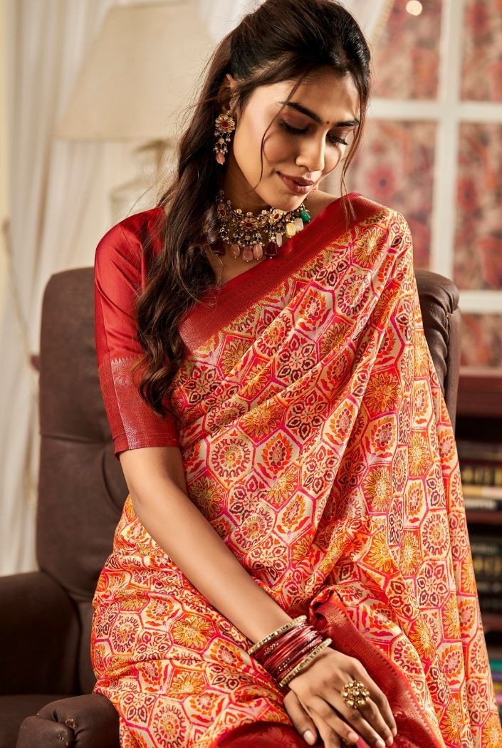 Fire Orange and Maroon Printed Satin Silk Saree