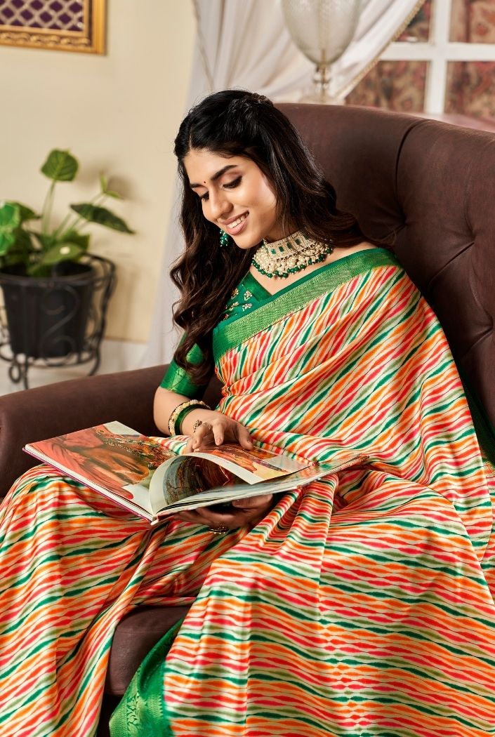 Flame Pea Orange and Green Printed Satin Silk Saree