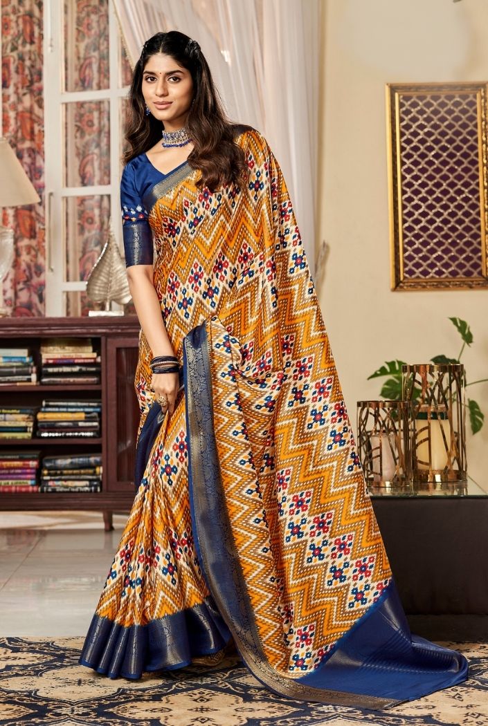 Brandy Punch Orange and Blue Printed Satin Silk Saree