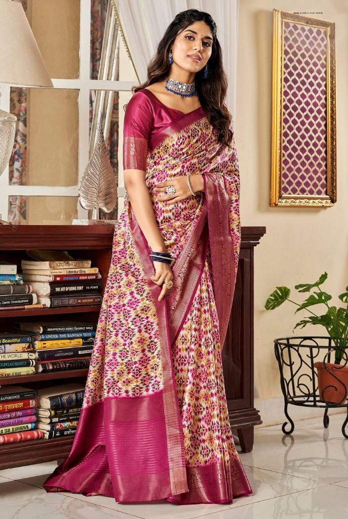 Matrix Pink Printed Satin Silk Saree