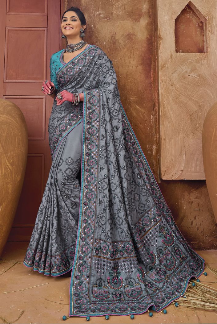 Rolling Stone Grey Embroidered Designer Kacchi Work Saree