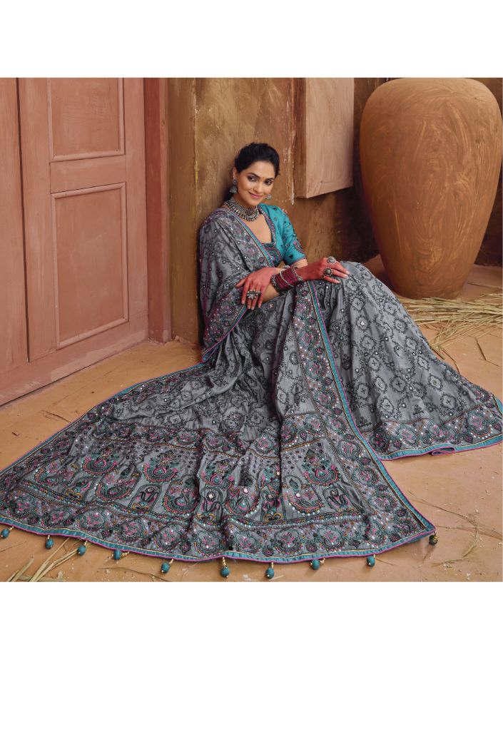 Rolling Stone Grey Embroidered Designer Kacchi Work Saree