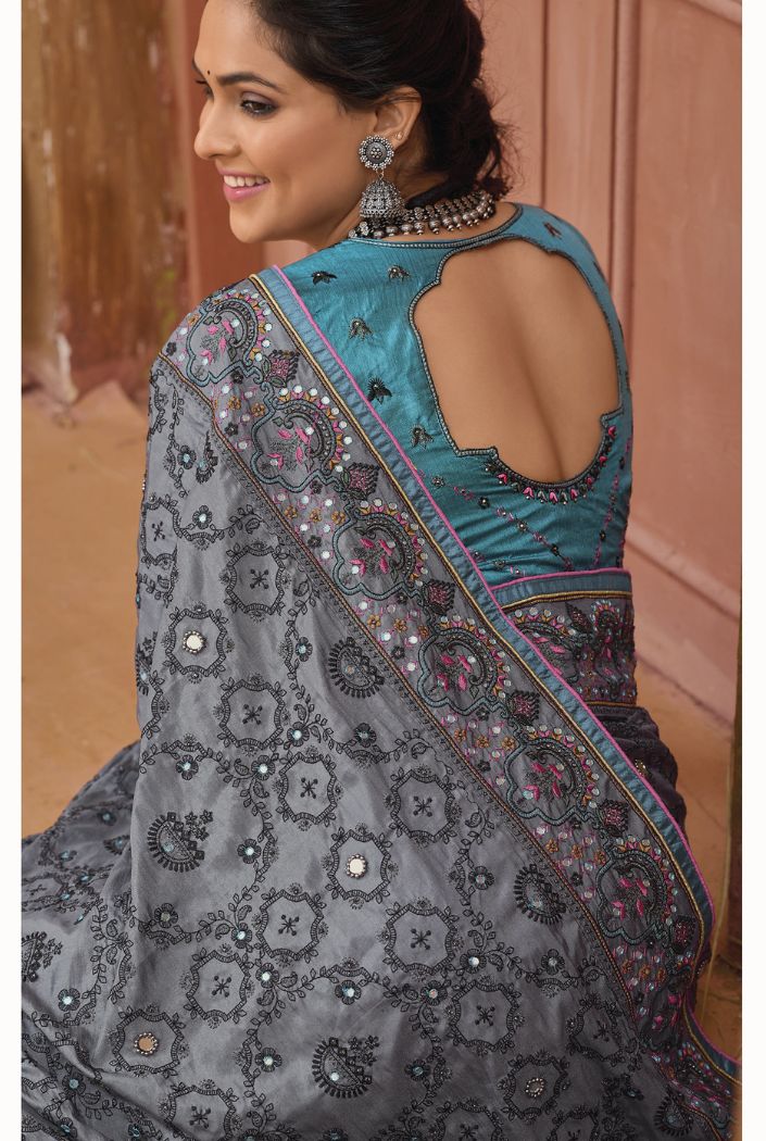 Rolling Stone Grey Embroidered Designer Kacchi Work Saree