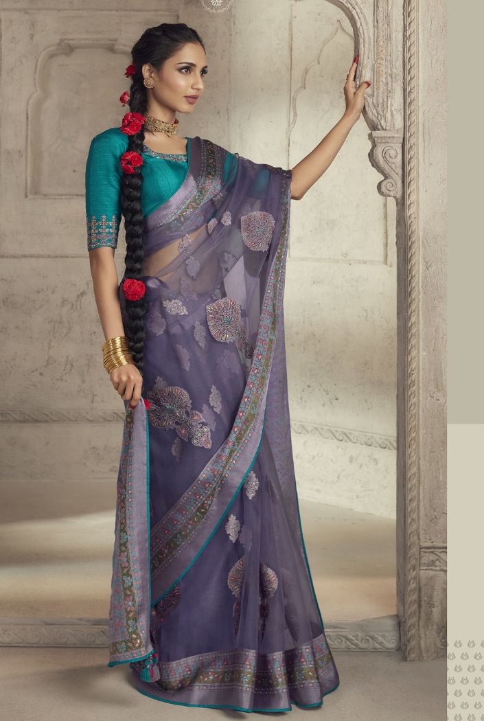 Mulled Wine Blue Woven Organza Saree