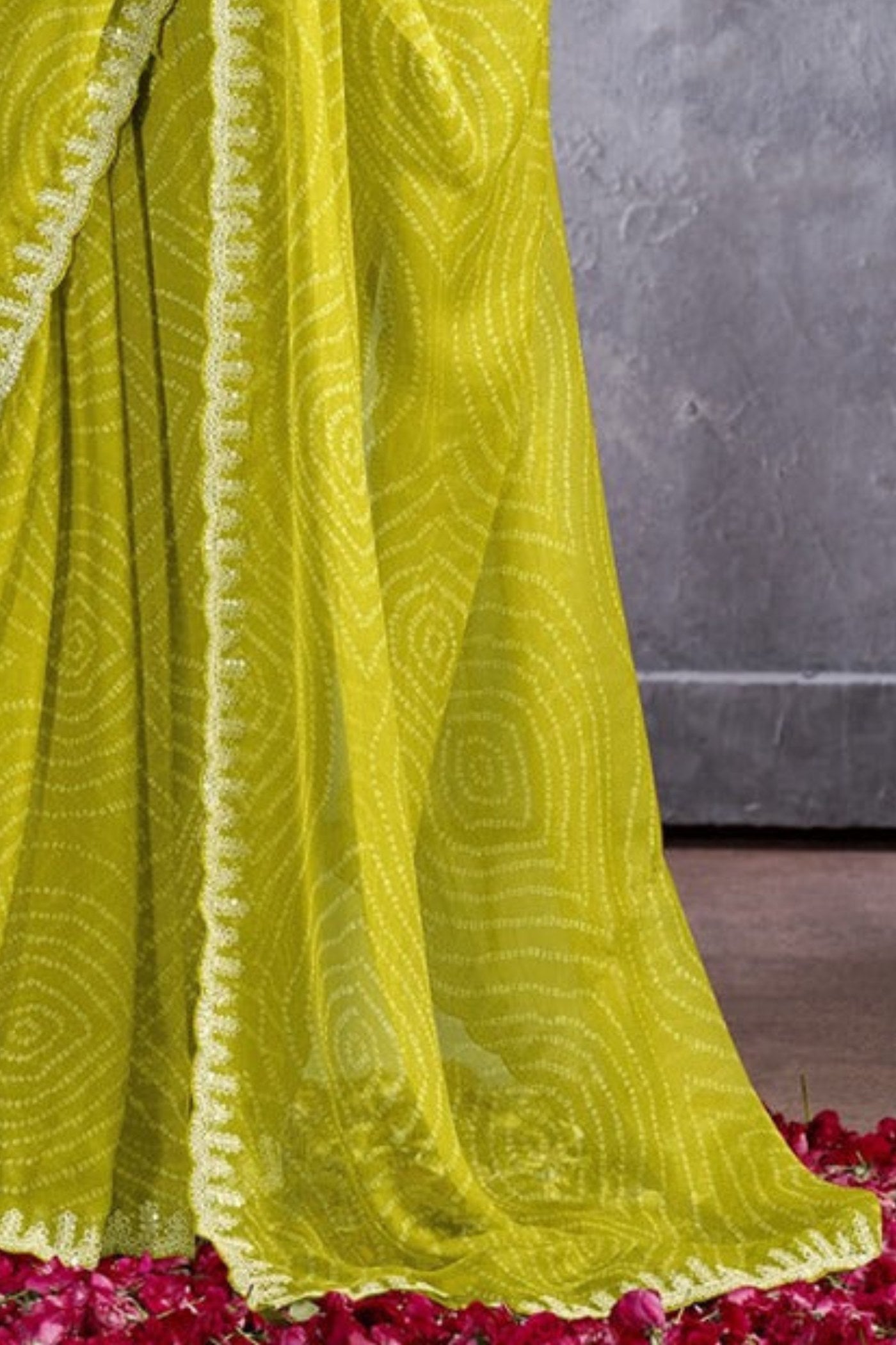 Neon Yellow Designer Georgette Bandhani Saree