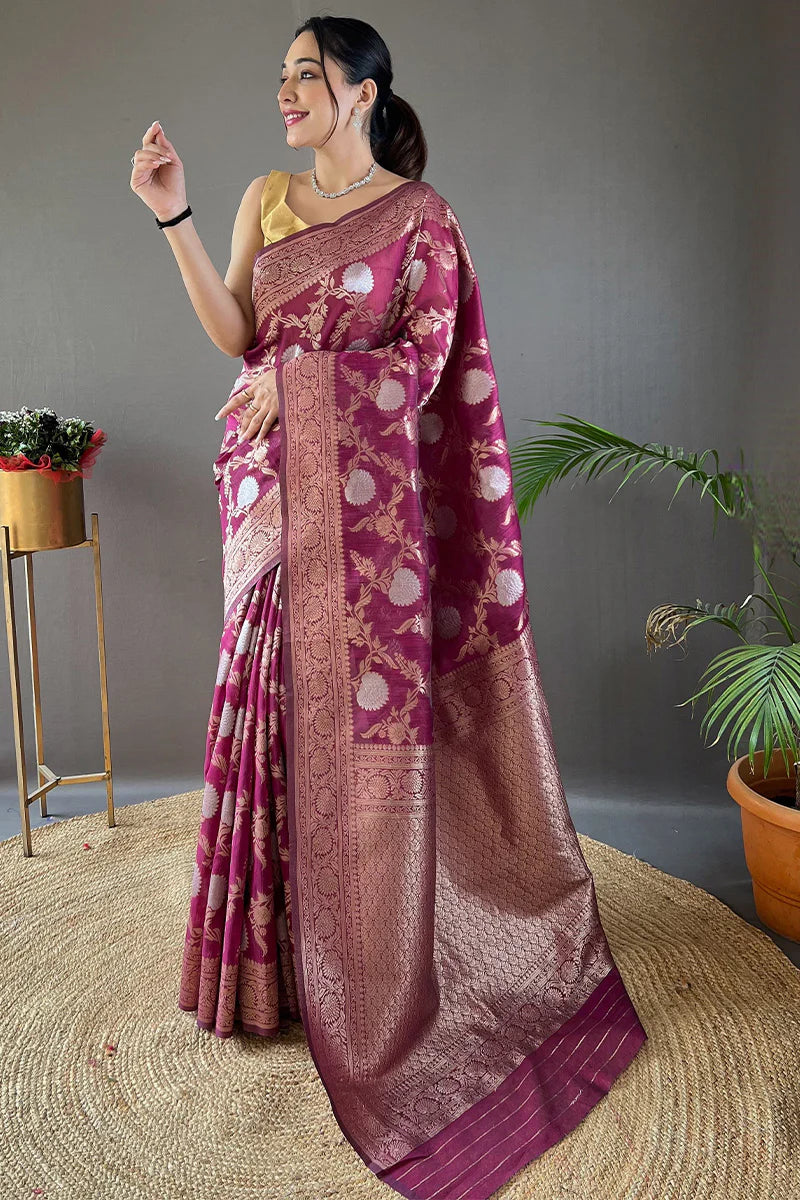 Maroon Color Zari Woven Linen Traditional Saree