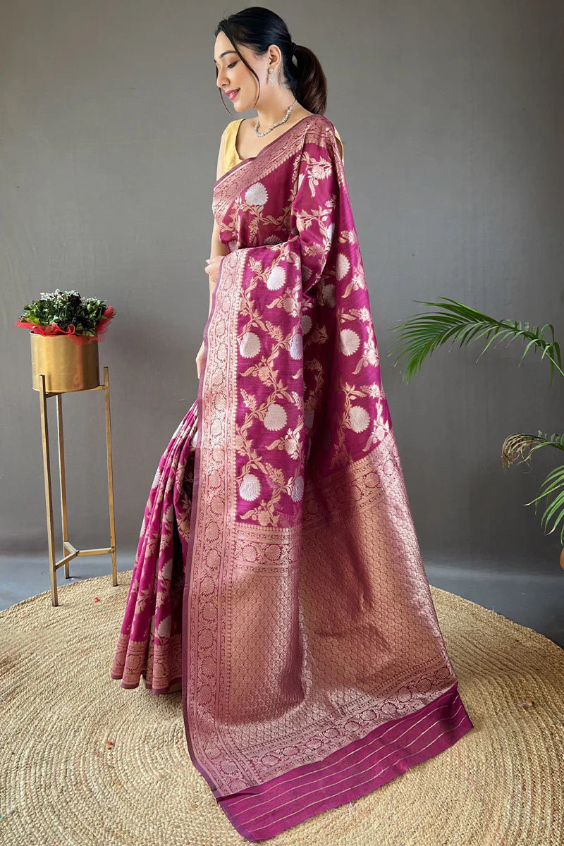 Maroon Color Zari Woven Linen Traditional Saree