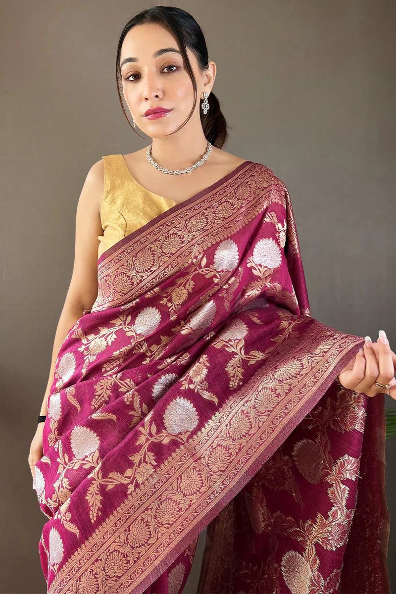 Maroon Color Zari Woven Linen Traditional Saree