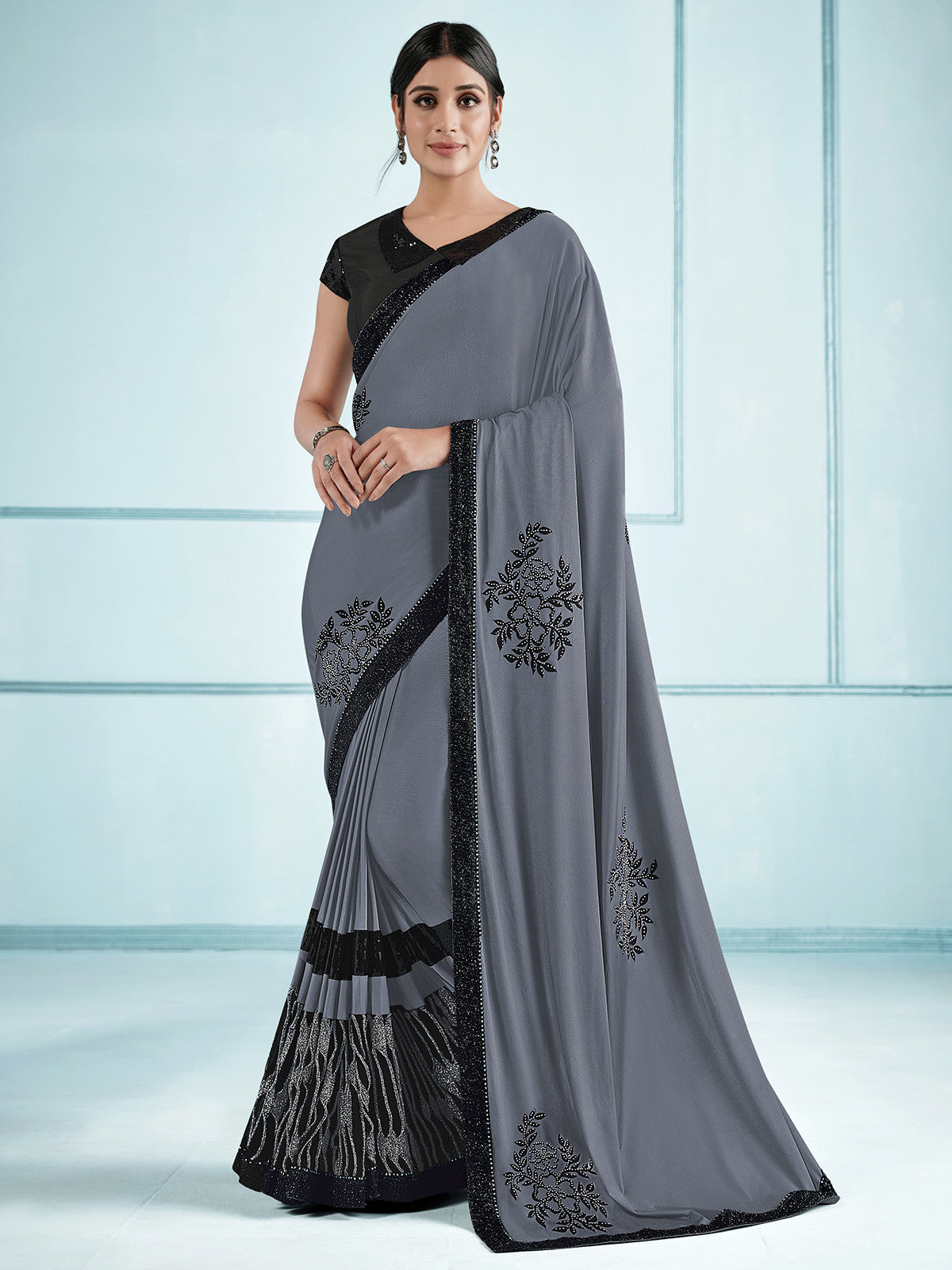 Dark Grey Embroidery Designer Georgette Partywear Saree