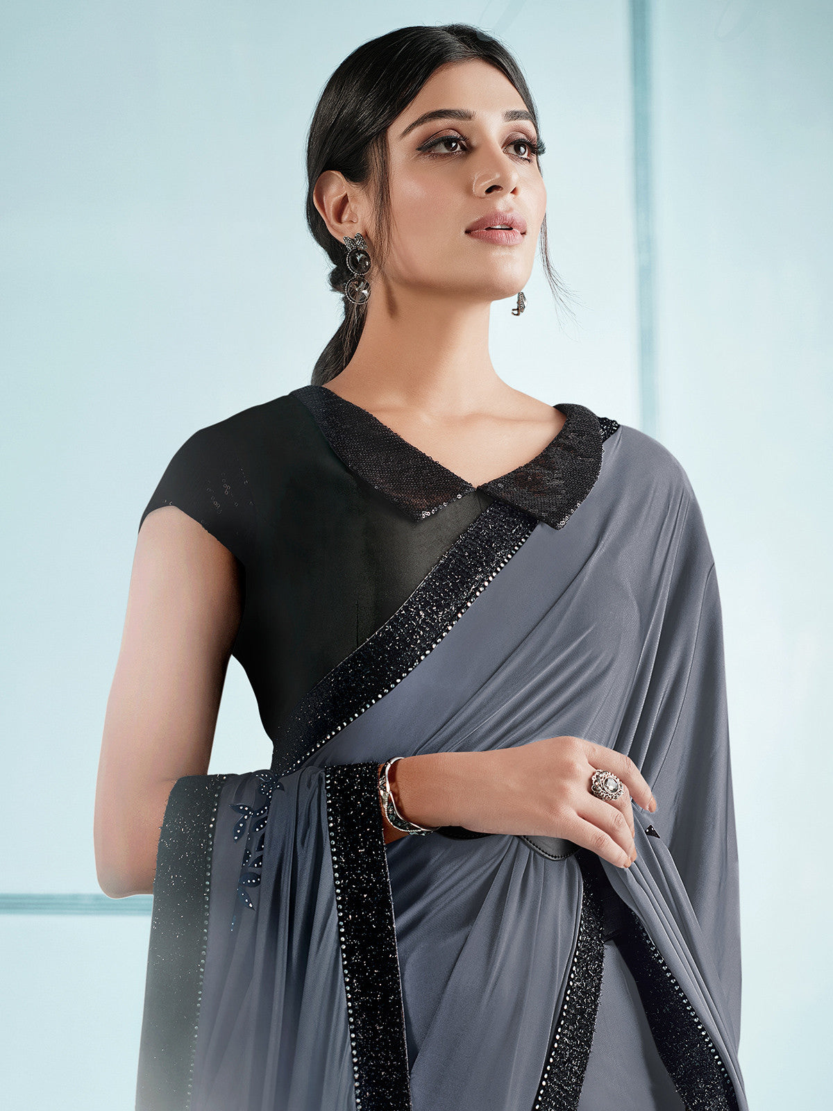 Dark Grey Embroidery Designer Georgette Partywear Saree